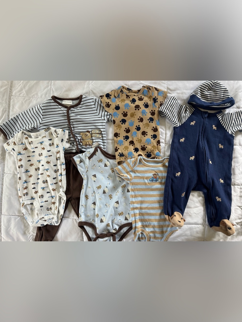 Neutral Paw & Stripe Baby Onesie Bundle - Blue, Tan, Brown